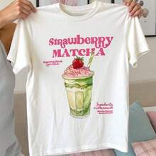 Camiseta de mujer de manga ccomndota con cuello redondo, estampado de fresa, matcha y letras, de moda - Blanco - Ver 1