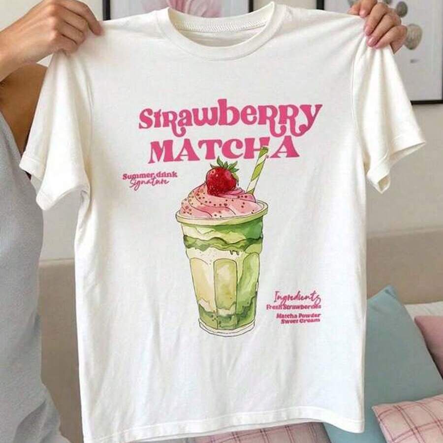 Camiseta de mujer de manga ccomndota con cuello redondo, estampado de fresa, matcha y letras, de moda - Blanco - Ver 1