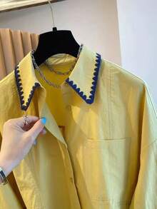 Solstice Apparel Women's Yellow Shirt, Contrast Embroidery Collar, Loose Oversized Long Sleeve Pocket Casual Artistic Style Blouse - Ginger - View 3