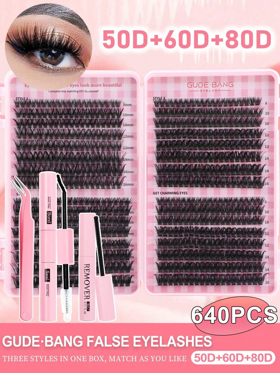 640 Clusters DIY Faux Mink Eyelash Clusters, D Curl, Dense & Fluffy, 8-16mm Mixed Length, Eye-Catching Effect, Suitable For All Makeup Looks. Glue, Remover, Tweezers Can Be Selected Based On Needs. Lightweight, Reusable & Cost-Effective, Suitable For Beginners, Applicable For Various Occasions - 彩色 - 查看 1
