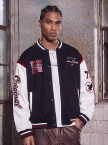MAISONFOX Men's Colorblock Baseball Jacket With Vintage Patch & Arm Lettering, Crew Neck Loose Fit Bomber Jacket, Y2K Hip Hop Urban Outerwear - Black - View 6