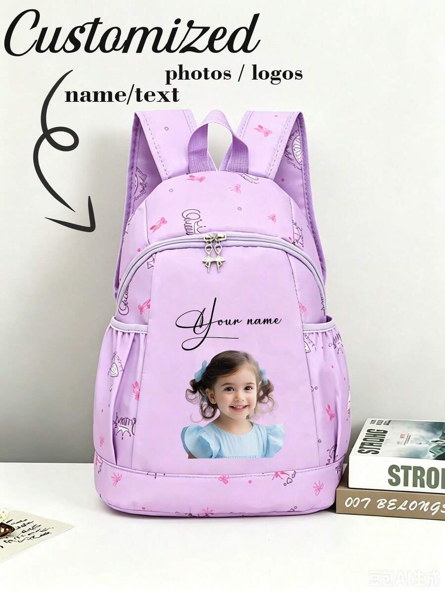 Customizable Name Photo Text Backpack, Solid Color Large Capacity Lightweight Shoulder Bag With Zipper Closure For School And Work - Purple - View 1