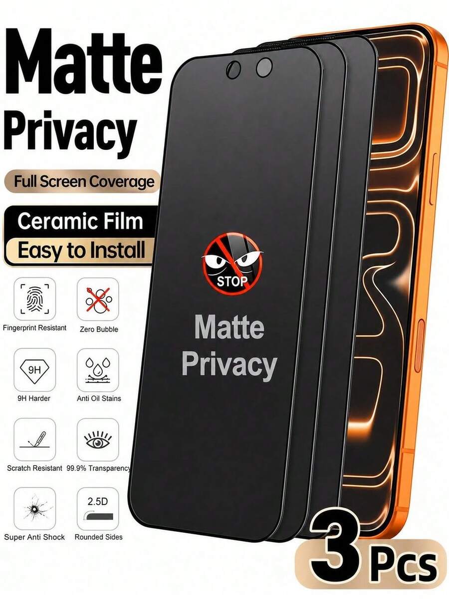 3pcs Full Screen Matte Privacy Screen Protector For IPhone, Made Of Flexible Soft Film Material, Upgraded Edge Protection Design, Privacy Protection, Anti-Fall Anti-Shock, Anti-Scratch Wear-Resistant, Anti-Fingerprint Coating Treatment, Smooth Touch - Black - View 1
