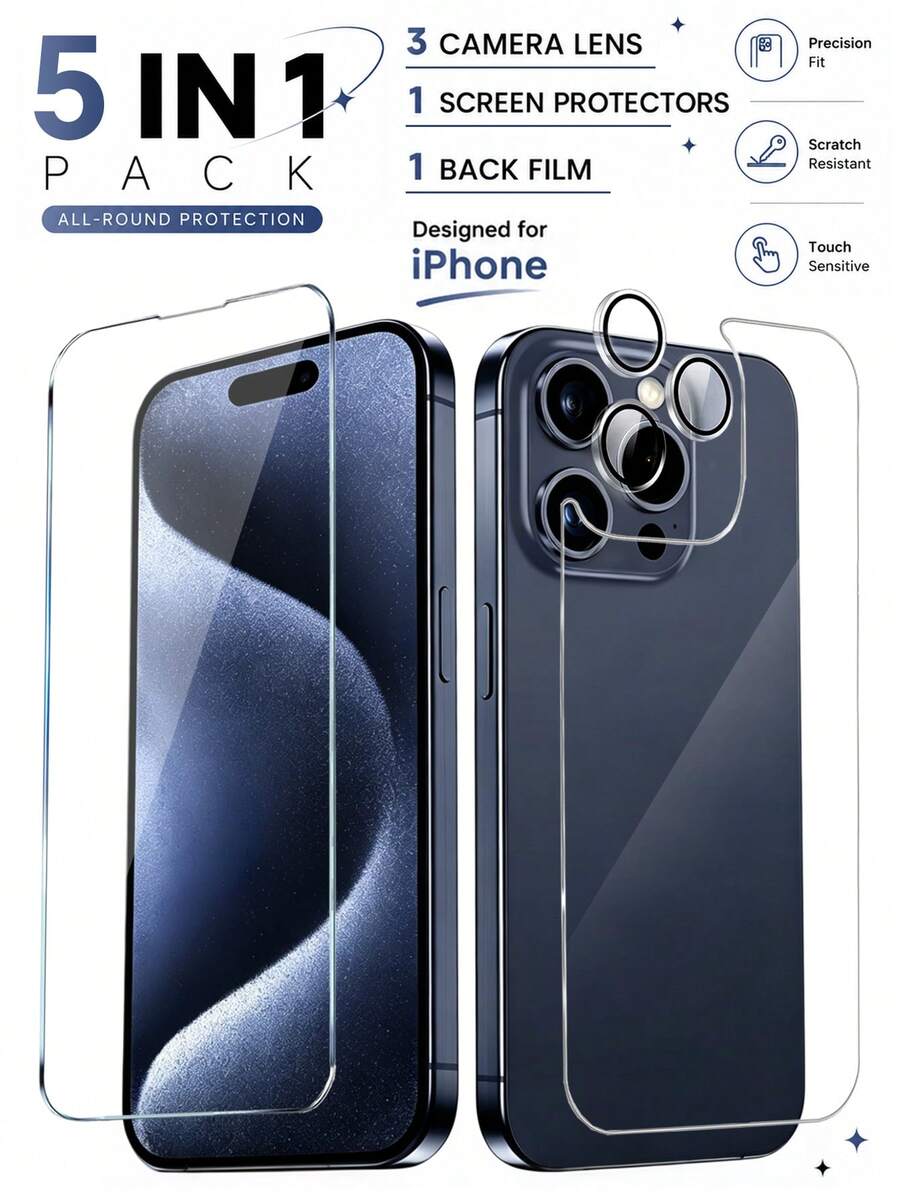 5-In-1 Set (1 Front Screen Protector + 1 Back Glass Film + 3 Transparent Camera Lens Protectors) 3D Curved Bubble-Free High-Definition Tempered Glass, Precise Fit, Scratch-Resistant And Wear-Resistant, Suitable For Phone Cases, Compatible With IPhone 18 Pro Max/18 Pro/17/17 Pro/17 Air/17 Pro Max/16/16 Pro/16 Plus/16 Pro Max/15/15 Pro/15 Plus/15 Pro Max/14/13/12/11 Pro Max, Daily Phone Accessories, Holiday Gift