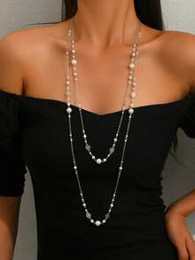 2pcs French Vintage Exaggerated Elegant Versatile Faux Pearl Chain Long Necklace, Can Be Wrapped Multiple Times And Layered, Suitable For Matching Sweaters, Long Dresses And Other Clothing, Suitable For Daily, Party And Evening Wear - White K - View 2