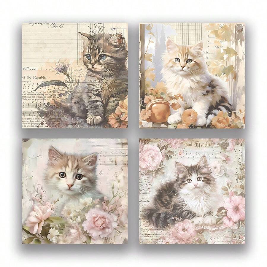 Notes adhésives carrées vintage à fleurs et chats, fond de partition musicale usée, blocs-notes style INS, 4 illustrations de chats à poils longs différentes, doux et apaisant, palette de couleurs crème Morandi à faible saturation, atmosphérique, papier épais, sans bavure d'encre, écriture fluide, sans taches, auto-adhésif, sans enroulement, convient pour les mémos de bureau, le scrapbooking, le marquage de pages de livres, les messages de bureau - Taille Unique - Voir 1