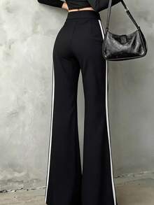 Women's Casual Elegant Black Straight-Leg Pants With Woven Belt, Essential Back-To-School Item, Asymmetric V-Waistline Accentuates Curves Summer - Black - View 2