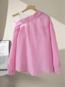 1pc Girls' Turn-Down Collar Asymmetric Shoulder 2-In-1 Vertical Striped Long Sleeve Shirt, Suitable For Daily Casual And Back To School Occasions, Spring/Autumn - Pink - View 2