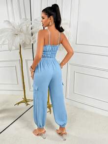 AIJ Women's Casual Elegant 2 Pieces Set, Spaghetti Strap Cropped Top With Drawstring Cargo Pants, Non-Stretch Fabric, Backless Ruffle Detail, Fashion Style, Lightweight And Breathable Fabric - Sky Blue - View 2