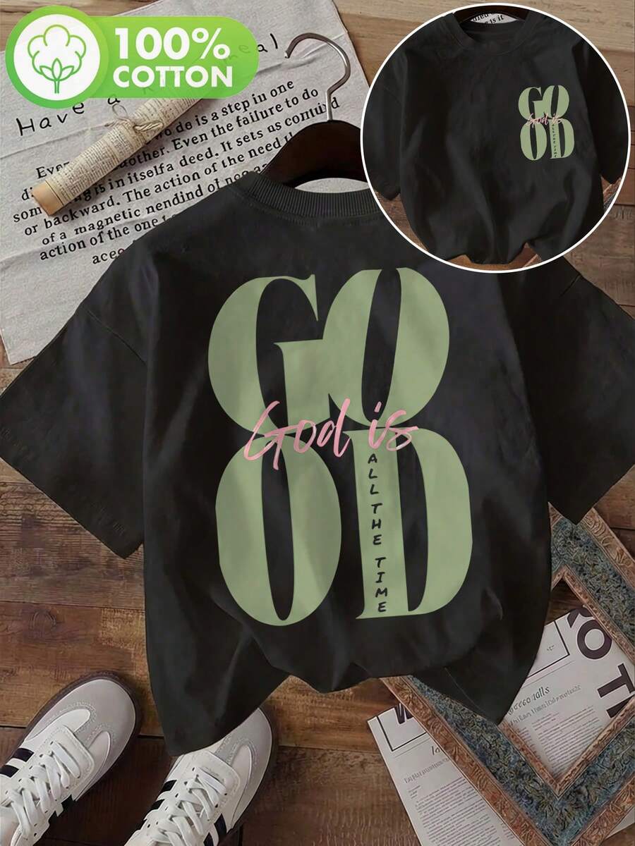 1 Piece Women's Double-Sided T-Shirt With Minimalist Print, "Good" Lettering, Round Neck, Short Sleeves, Lightweight And Soft Fabric, Comfortable For Everyday Life And Summer - Black - View 1
