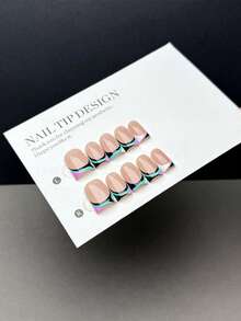 10 Hand-Made Nails, Short Square-Shaped Press-On Fake Nails, Nude Nail Base, Hand-Painted Black/White/Blue/Pink And Other Colors Y2K Contrasting Asymmetric Lines French Nails, Suitable For Daily Wear By Women And Girls, With Nail Set Handmade Press On Nails - Multicolor - View 4