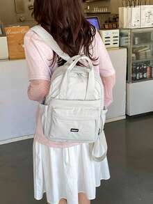 Fashionable Versatile Solid Color Nylon Fabric Student Backpack, Women's Mini Water-Resistant Campus Daily Backpack, Suitable For High School And College Students, Compact Travel Shoulder Bag, Waterproof Business Commute Backpack, Multi-Pocket Functional Backpack, Back To School Essential, Student University Bag - White - View 6