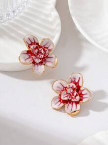 1 Pasang Anting Tusuk Minimalis Motif Bunga Tetes Minyak untuk Wanita, Cocok untuk Pemakaian Sehari-hari - Red and White - View 3