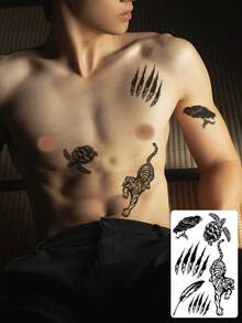 1 Sheet Men's Dark Gothic Temporary Tattoo Stickers, Multi-Pattern Black Animal Tattoo With Tiger, Crow, Turtle, Claw Marks & Feather, Waterproof Sweatproof Body Stickers For Halloween Party, Suitable For Arms, Legs, Shoulders And Back - Black - View 1