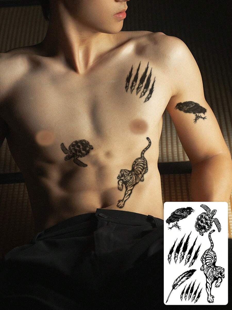 1 Sheet Men's Dark Gothic Temporary Tattoo Stickers, Multi-Pattern Black Animal Tattoo With Tiger, Crow, Turtle, Claw Marks & Feather, Waterproof Sweatproof Body Stickers For Halloween Party, Suitable For Arms, Legs, Shoulders And Back - Black - View 1