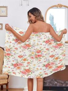 1/2pcs Fresh Floral Theme Bathroom Decor Bathrobe Pattern Design Bath Towel & Bath Cap Set, With Button Bathrobe And Hair Drying Towel, Soft Polyester Fiber, High Absorbency Bath Towel & Bathrobe 2 Pieces Set, Women's Wearable Bathrobe Towel, Suitable For Bath, Sauna And SPA, Bathroom Essential, Summer All-Season Beach Towel - Multicolor - View 7