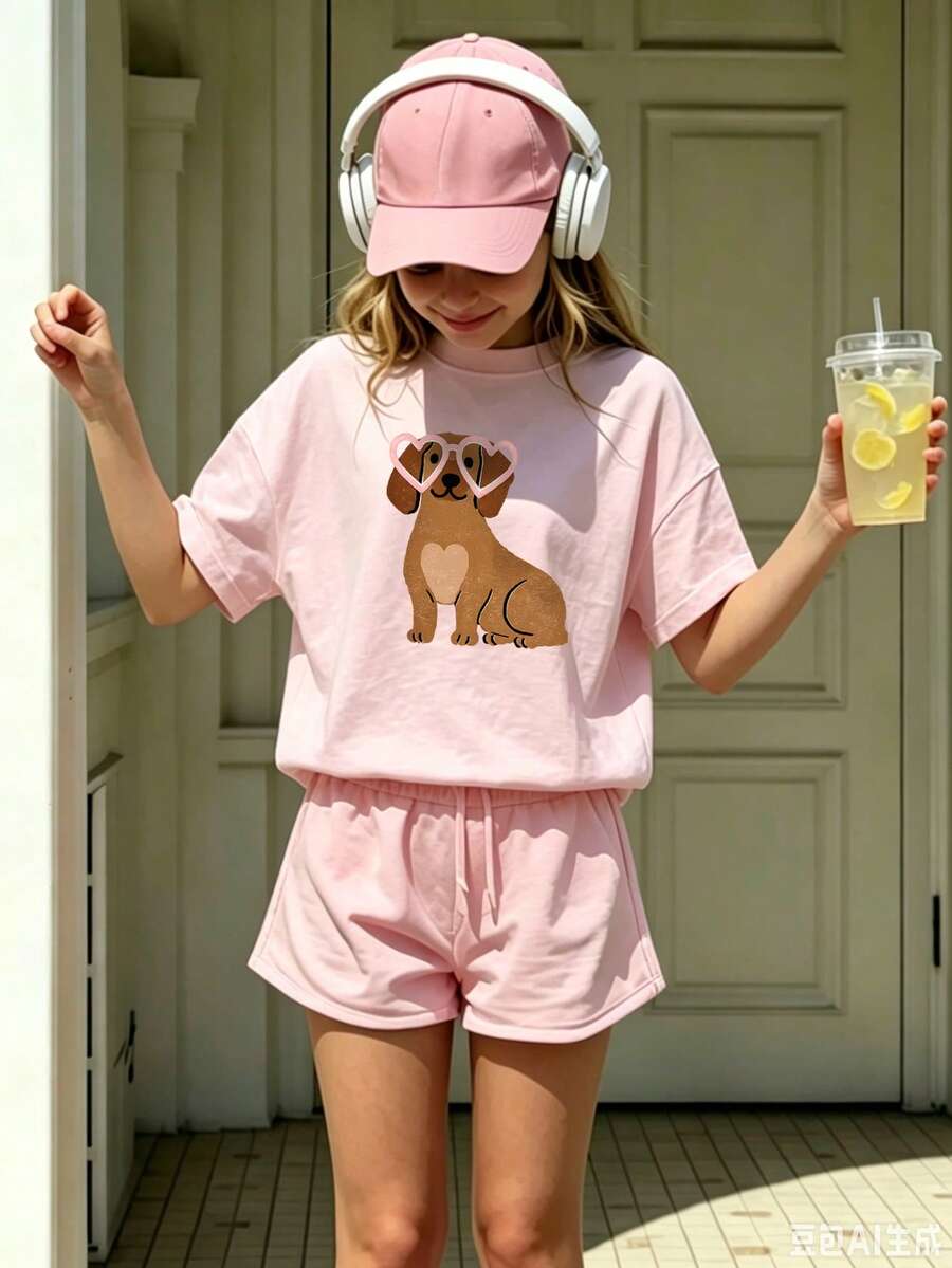 女童可爱腊肠犬爱心太阳镜图案短袖T恤,休闲圆领卡通狗狗日常穿搭上衣,青春靓丽 - 粉色 - 查看 1