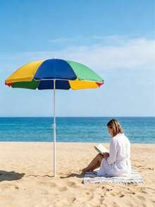 Rainbow Patchwork Beach Umbrella, Waterproof UV Protection Polyester Canopy, Windproof 8-Rib Adjustable Steel Pole, Portable Sun Parasol For Beach Pool Patio Garden, Perfect For Travelers, Family Picnic & Summer Outdoor Lovers - A - View 5