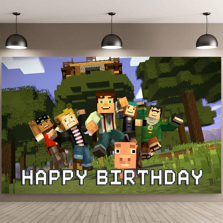Authorized 1PC Popular Pixel Block Game Theme Birthday Party Decoration Backdrop (82.7x59.1/59.1x39.4/39.4x29.5 Inch), Suitable For Boys Girls Birthday Party Backdrop, Game Fan Theme Party, Children Newborn Cake Table Party Wall Decoration Banner, Outdoor Indoor Photography Photo Background Props - Multicolor - View 1