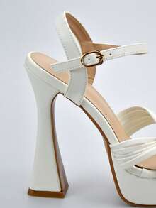 女款新款白色編織細帶方頭厚底露趾涼鞋，百搭法式粗跟鞋 - 白色 - 查看 6