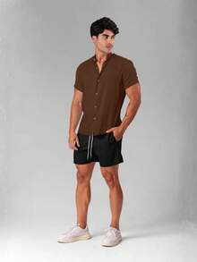 Men's Brown Linen-Look Dunas Fabric Short Sleeve Mandarin Collar Shirt - Summer 2026 Shirt - Breathable Shirt - Beach Fashion - 棕色野馬 - 查看 5