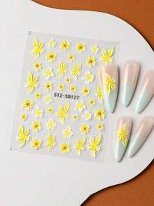 2 Pieces Set Summer Petal Island 5D Embossed Yellow Feather Flower Water Ripple Bubble Modeling Soft Carved Nail Stickers DIY Holiday Nail Decorations Wedding Nail Supplies - Multicolor - View 7