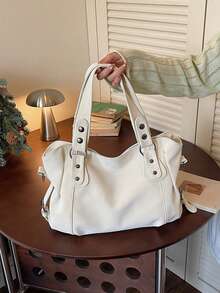 Fashionable White Women's Handbag, Large Capacity, Top Handle, Detachable Shoulder Strap, Rivet Design. Suitable For Office Workers, Teachers, Students, Young Women And Moms For Commuting, Shopping, Daily Outings, Weekend Trips And Short Travels. - Beige - View 7