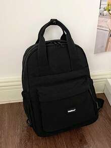 Fashionable Versatile Solid Color Nylon Fabric Student Backpack, Women's Mini Water-Resistant Campus Daily Backpack, Suitable For High School And College Students, Compact Travel Shoulder Bag, Waterproof Business Commute Backpack, Multi-Pocket Functional Backpack, Back To School Essential, Student University Bag - Black - View 10