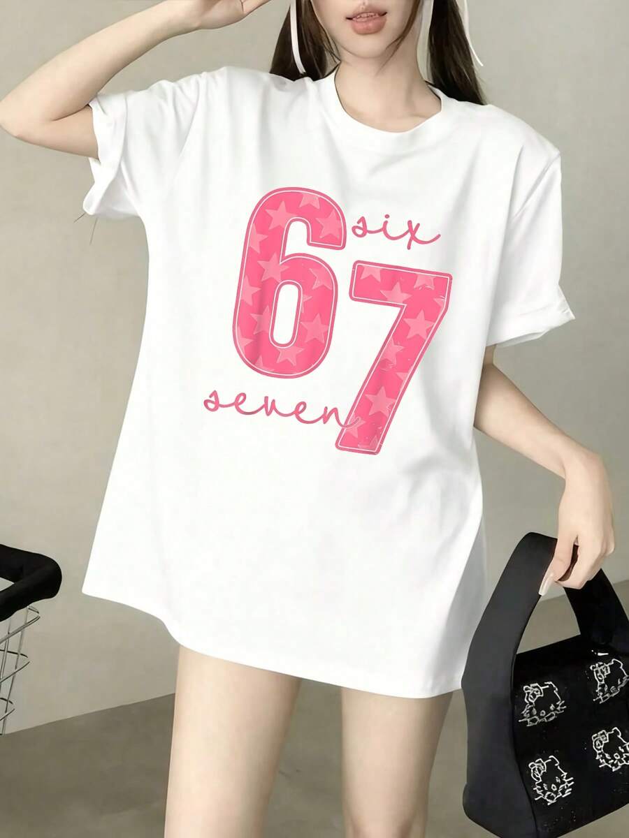2026New Spring/Summer Women's Loose-Fit Off-Shoulder Design"67"Number+Stars+"Six-Seven"Text-Printed Short-Sleeve Shirt T Shirt,Sweet And Cool Style,Fu - 白色 - 查看 1