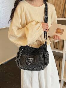 休閒時尚軟牛仔布多層斜挎包，多口袋設計，大容量百搭通勤女款單肩包，適合通勤使用 - 黑色 - 查看 3