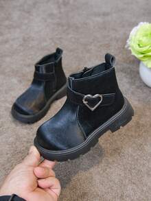 1 Pair Girls' Heart Buckle Boots, New Spring/Autumn Fashion Buckle Princess Boots, Korean Style Versatile Fashion Ankle Boots - Black - View 7
