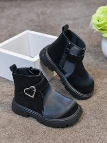 1 Pair Girls' Heart Buckle Boots, New Spring/Autumn Fashion Buckle Princess Boots, Korean Style Versatile Fashion Ankle Boots - Black - View 11