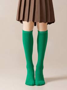 1 Pair Solid Color Knee-High Socks For Teenage Girls, Dance Performance Socks, Polyester Knit Fabric, Simple Versatile Comfortable Casual Socks, Suitable For 9-16 Years Old All Year Round - Multicolor - View 23