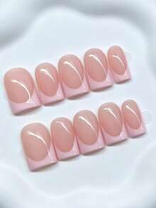 Shecass 10pcs High Quality Square Handmade Nail Stickers, Black French Nude Wearable Nails, Short Y2K Style, Summer Nails, Daily Wear, Graduation Trip Vacation Gift, Suitable For Party, Music Festival, Back To School Season - Multicolor - View 2