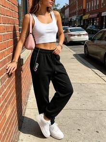 Women's Fashionable White Trim Drawstring Waist Cuffed Joggers, Personalized Print, Elastic Drawstring Waist, Comfortable And Breathable, Suitable For Outdoor Sports, Fitness, Casual Wear, Perfect Holiday Gift For Girlfriend, Lover, Mother - Black - View 5
