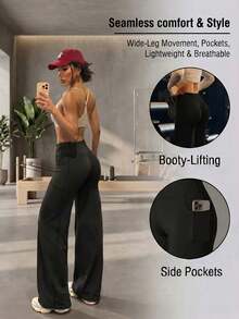 One Piece Women's Solid Color High Waist Yoga Long Loose Wide Leg Pants, Comfortable Slimming Versatile, Suitable For Running And Fitness - Black - View 2