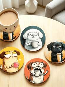 1/4pcs Cute Big Eye Dog Print Wooden Coasters, Fun Puppy Coffee Art Drink Coaster Set, Heat-Resistant Coffee Table Coasters, Home Decor, Kitchen Bar, Party Table Protection, Non-Slip Beverage Coasters, Perfect Housewarming Gift For Dog Lovers - Multicolor - View 7