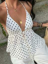 Women's Spaghetti Strap Deep V-Neck Ruched A-Line Backless Polka Dot Camisole, Summer Women's Clothing, Vacation Women's Clothing, Suitable For Beach And Holiday Outfits
