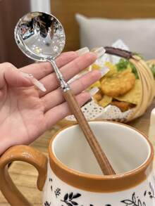 1pc Wood Grain Handle Stainless Steel Round Head Long Handle Spoon, Household Rice Spoon, Soup Spoon, Tea Spoon, Dessert Spoon - View 9