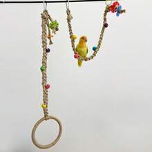 1pc Durable Hemp Rope Hand-Woven Parrot Climbing Swing, Bird Cage Toy With Colorful Wooden Beads And Round Swing, Helps Birds Chew And Relieve Boredom, Can Be Hung Horizontally Or Vertically In Bird Cage, Suitable For Small, Medium, Large Bird Cage Decoration Toy - View 5