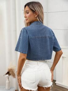 Women's Short Denim Shirt With Rhinestones, Casual Elegant Short Sleeve Top Summer - Blue - View 7