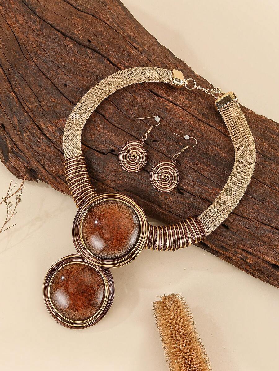2pcs Handmade Minimalist Elegant Aluminum Wire Round Necklace & Earrings Set For Women, Versatile For Evening Party - Brown - View 1
