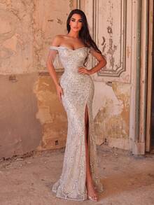 Luxury Off-Shoulder Mermaid Evening Gown With Tassel Accents And Sequin Embroidery Party Wedding - Champagne - View 2