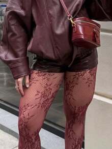 Vintage Floral Wine Red Sexy Fishnet Stockings, Thin Hot Girl Colorful Pantyhose - Burgundy - View 5