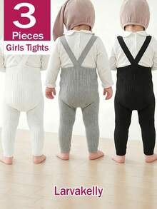 3 Pairs Kids Suspenders Snug Fit Ribbed Tights, Spring/Autumn Simple Versatile Base Layer Socks, School Style Suspenders Design, Suitable For 1-3 Years Old Toddlers - Multicolor - View 1