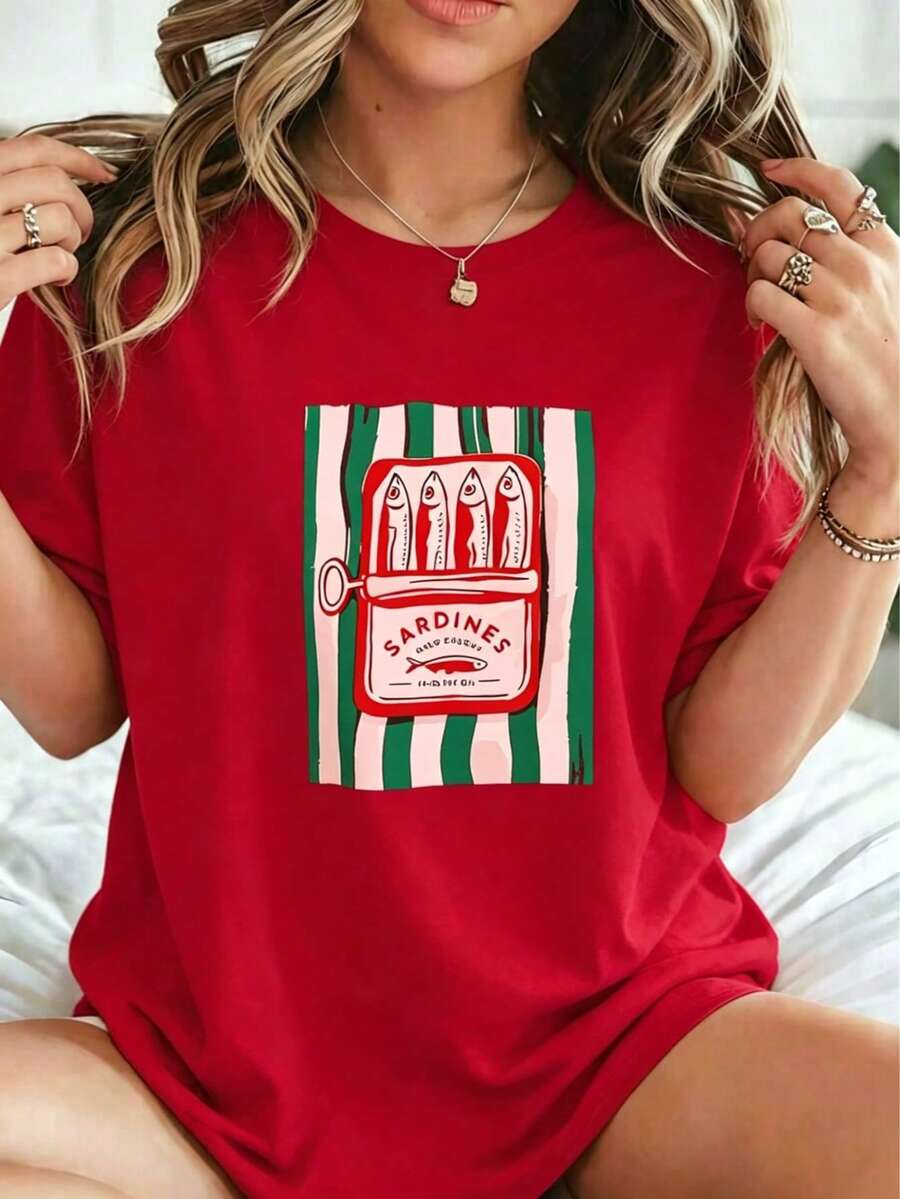Plus Size Summer Casual T-Shirt Women, Retro Sardine Can Striped Graphic Print Crew Neck Short Sleeve Tee 100% Cotton & Back To School, All Match - 紅色 - 查看 1