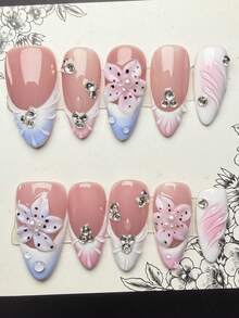 1 Set 10pcs Y2K Hot Girl Style Press-On Nails, Almond Shape Handmade Wearable Nails, Nude, Blue, Pink, White Nail Tips With French, Floral, Rhinestone Design, Glossy Nails For Women And Girls, Suitable For Party, Dance, Daily Wear, Includes Tool Kit (Note: Accessory Color Random) - Multicolor - View 2