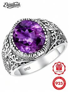 1pc S925 Sterling Silver Vintage Heavy Carved Synthetic Purple Zirconia Ring, Large Faceted Transparent Purple Zirconia Wide Band Ring, Sizes 7-11 Available, Perfect Gift For Valentine's Day, Best Friend, Birthday, Anniversary, Comes With Gift Box - Silver - View 2
