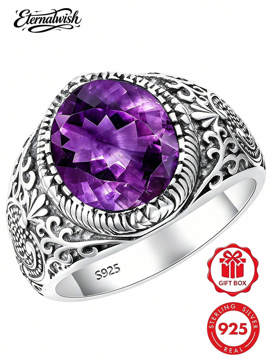 1pc S925 Sterling Silver Vintage Heavy Carved Synthetic Purple Zirconia Ring, Large Faceted Transparent Purple Zirconia Wide Band Ring, Sizes 7-11 Available, Perfect Gift For Valentine's Day, Best Friend, Birthday, Anniversary, Comes With Gift Box