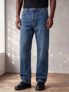 Men's All-Match Dark Blue Washed Straight Leg Jeans, Lightweight Soft Comfortable Stretch Denim Fabric, Casual Commute Minimalist Versatile Long Pants For Young Men - Blue - View 3